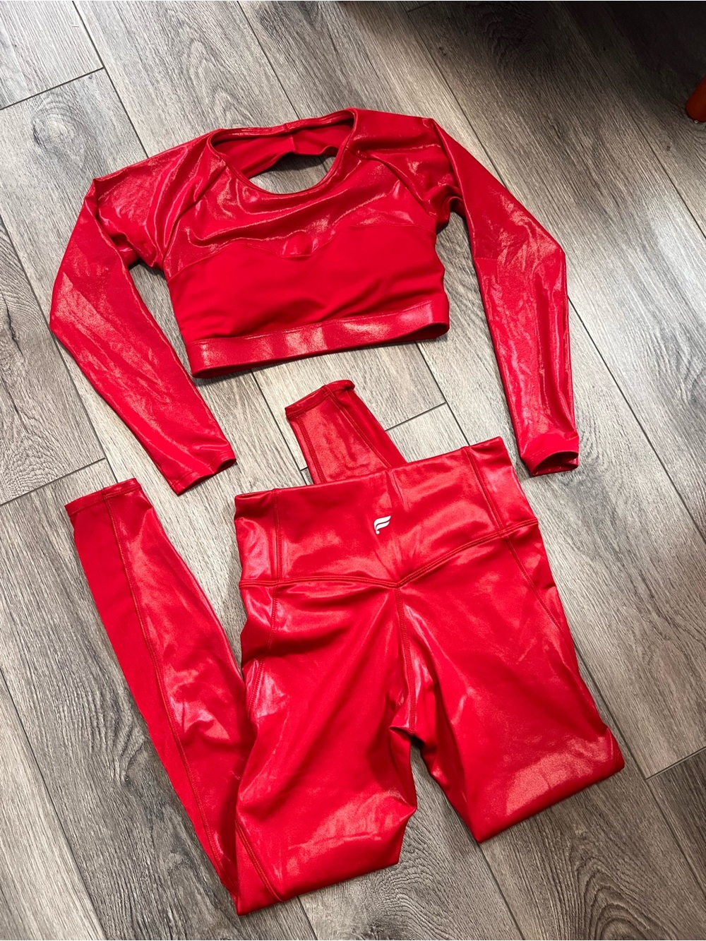 Fabletics Red Shiny Two-Piece Set - Crop Top & High-Waist leggings